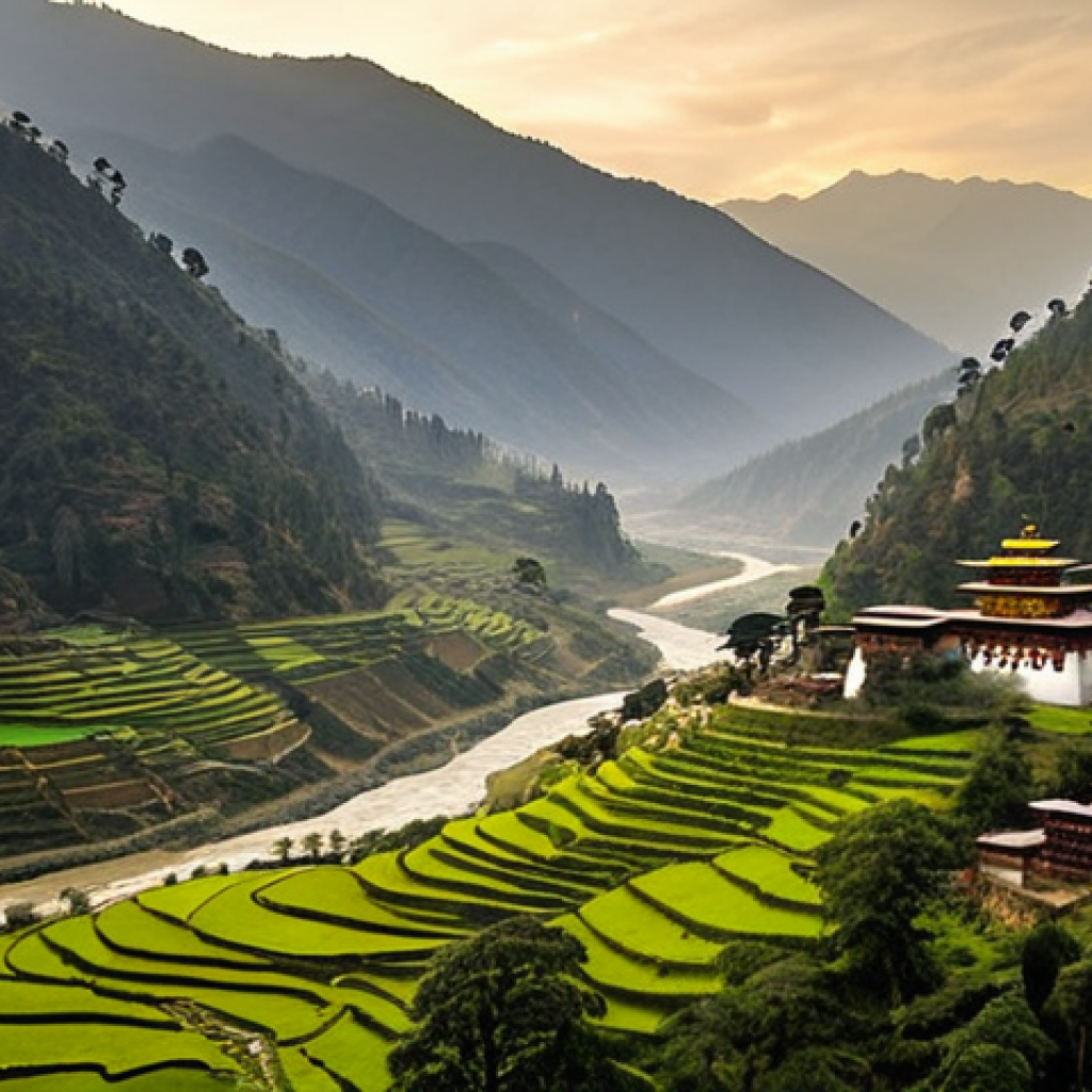 **Prompt 1: Majestic Bhutanese Landscape & Philosophy**
    A wide shot of a breathtaking, untouched Bhutanese landscape, featuring rolling green hills, a winding river, and a traditional dzong or temple nestled harmoniously within the majestic, mist-shrouded Himalayas. The scene conveys a sense of serene preservation and the "High Value, Low Impact" philosophy, with soft, golden hour lighting.