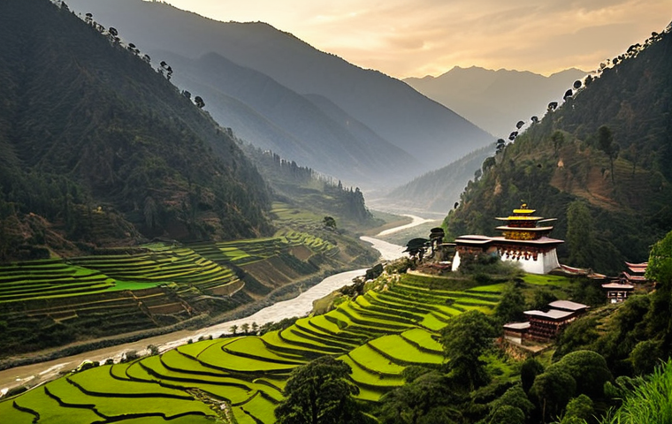 **Prompt 1: Majestic Bhutanese Landscape & Philosophy**
    A wide shot of a breathtaking, untouched Bhutanese landscape, featuring rolling green hills, a winding river, and a traditional dzong or temple nestled harmoniously within the majestic, mist-shrouded Himalayas. The scene conveys a sense of serene preservation and the "High Value, Low Impact" philosophy, with soft, golden hour lighting.