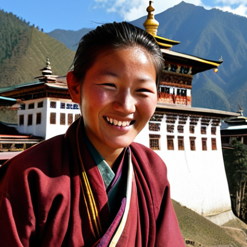**Image Prompt 1:** A serene and culturally rich scene in Bhutan, showcasing a smiling local Bhutanese person in traditional attire (Gho or Kira). In the background, a majestic, intricately designed dzong (fortress-monastery) stands, adorned with vibrant prayer flags fluttering gently. The overall atmosphere should convey the essence of Gross National Happiness (GNH), emphasizing peace, cultural preservation, and a high-value, low-impact tourism experience. Natural, soft lighting and warm, inviting colors.