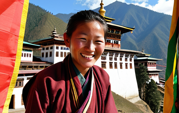 **Image Prompt 1:** A serene and culturally rich scene in Bhutan, showcasing a smiling local Bhutanese person in traditional attire (Gho or Kira). In the background, a majestic, intricately designed dzong (fortress-monastery) stands, adorned with vibrant prayer flags fluttering gently. The overall atmosphere should convey the essence of Gross National Happiness (GNH), emphasizing peace, cultural preservation, and a high-value, low-impact tourism experience. Natural, soft lighting and warm, inviting colors.