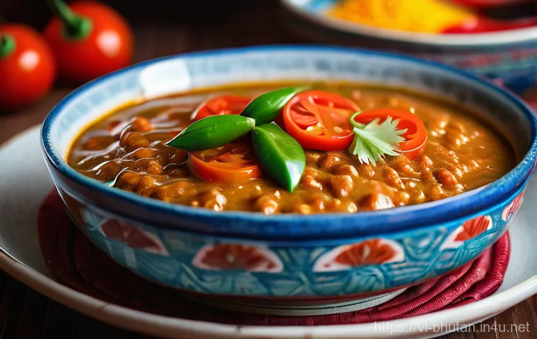 부탄 전통 요리 - **A Vibrant Ema Datshi Feast:** A detailed, close-up shot of a steaming bowl of Ema Datshi, the nati...