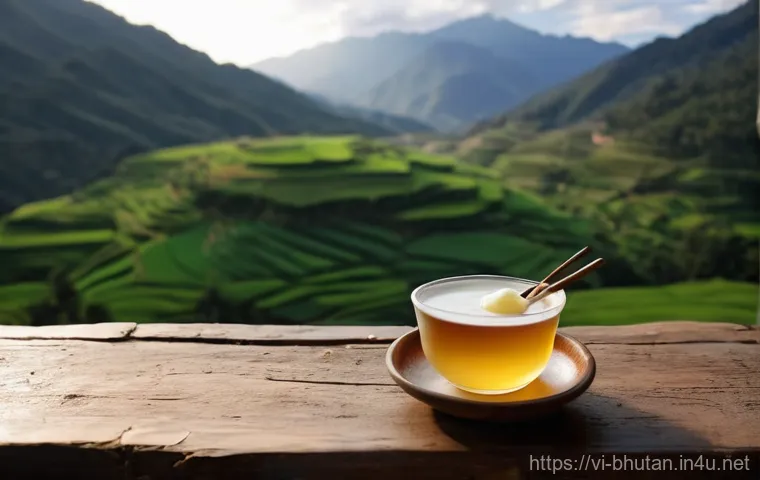 부탄 전통 요리 - **Bhutanese Street Food Delights at Twilight:** An inviting scene of a traditional Bhutanese street ...