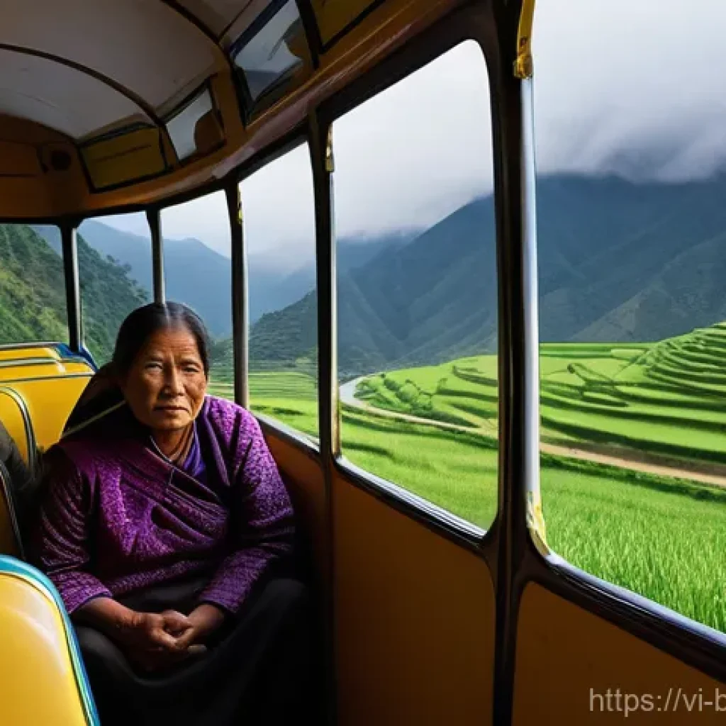 부탄 여행 중 가장 저렴한 교통 수단 - A serene and picturesque scene inside a Bhutanese public bus. The bus is traversing a winding mounta...