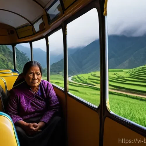 부탄 여행 중 가장 저렴한 교통 수단 - A serene and picturesque scene inside a Bhutanese public bus. The bus is traversing a winding mounta...