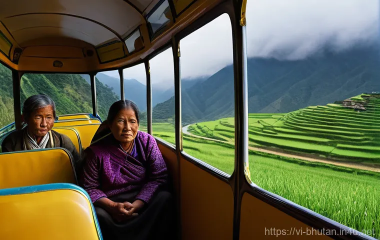 부탄 여행 중 가장 저렴한 교통 수단 - A serene and picturesque scene inside a Bhutanese public bus. The bus is traversing a winding mounta...