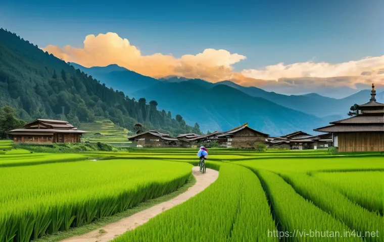 부탄 여행 중 가장 저렴한 교통 수단 - A vibrant street scene in a bustling Bhutanese town like Thimphu or Paro. A clean, white taxi is par...
