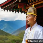 부탄 정부의 정치 체제 - A majestic Bhutanese royal palace scene featuring the King of Bhutan dressed in traditional royal at...