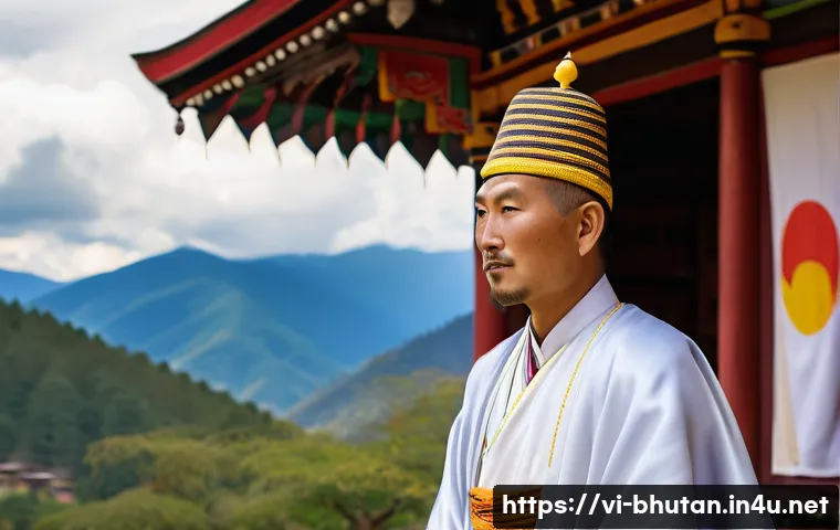 부탄 정부의 정치 체제 - A majestic Bhutanese royal palace scene featuring the King of Bhutan dressed in traditional royal at...