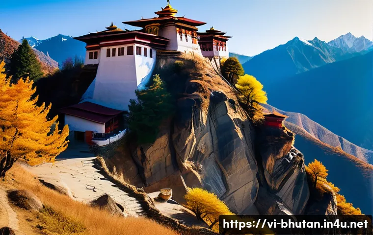 부탄 왕국에서 발생한 주요 역사적 사건 - A serene Bhutanese Buddhist monastery perched on a rugged Himalayan mountain slope during autumn, su...