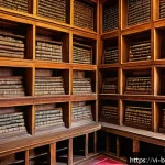 Home 20 부탄의 국립 도서관 - An ancient Bhutanese library interior featuring rows of wooden shelves filled with hand-written manu...