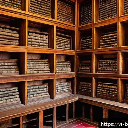 Home 32 부탄의 국립 도서관 - An ancient Bhutanese library interior featuring rows of wooden shelves filled with hand-written manu...