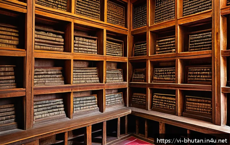 부탄의 국립 도서관 - An ancient Bhutanese library interior featuring rows of wooden shelves filled with hand-written manu...