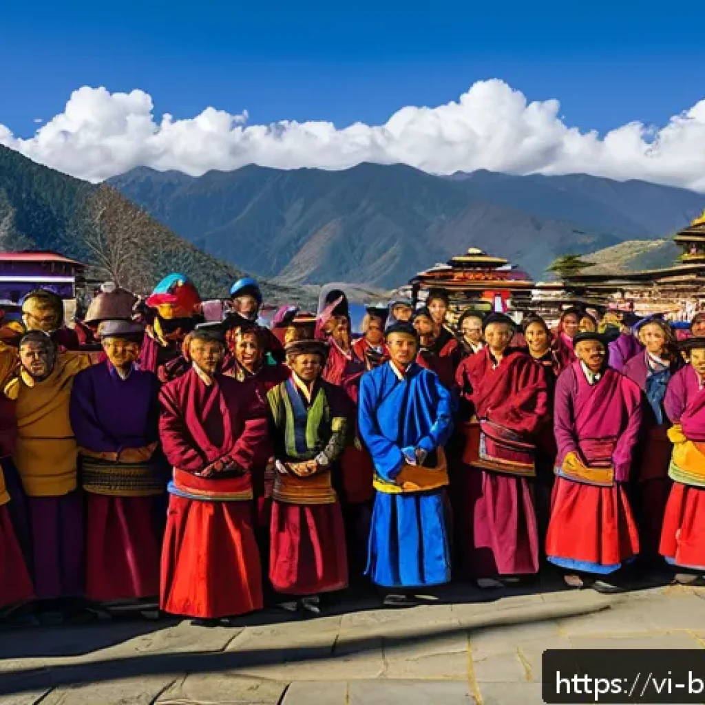 부탄 주요 관광지 - A vibrant traditional Bhutanese Tshechu festival scene in Paro, featuring men and women wearing colo...