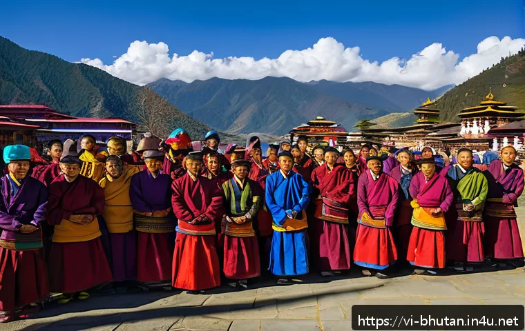 부탄 주요 관광지 - A vibrant traditional Bhutanese Tshechu festival scene in Paro, featuring men and women wearing colo...