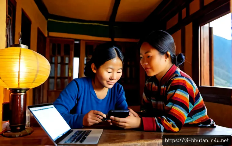 Home 30 부탄에서의 인터넷 사용 - Photorealistic Bhutanese family in a cozy traditional wooden home in Thimphu, using smartphones and ...