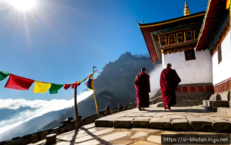 Home 17 부탄 불교 문화 - Photorealistic wide-angle view of a Bhutanese Buddhist monastery perched on a misty Himalayan hillsi...