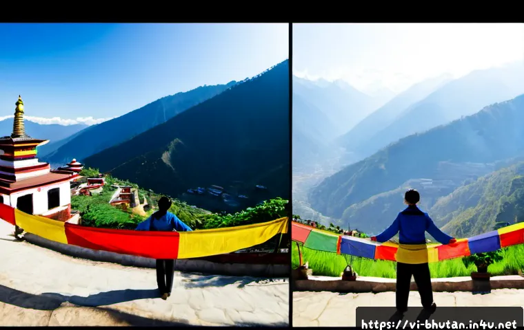 부탄과 네팔 비교 - Photorealistic split-scene travel comparison of Bhutan and Nepal: left side a serene Bhutanese mount...