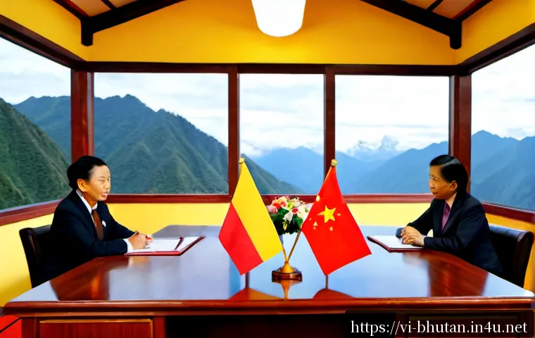 Home 17 부탄과 중국의 외교 - Photorealistic diplomatic meeting between Bhutanese and Chinese officials in a quiet neutral confere...