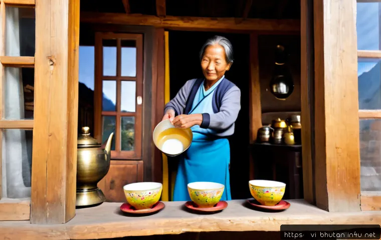 Home 17 부탄의 차 문화 - Photorealistic Bhutanese tea culture scene in a traditional mountain home, an elderly Bhutanese woma...