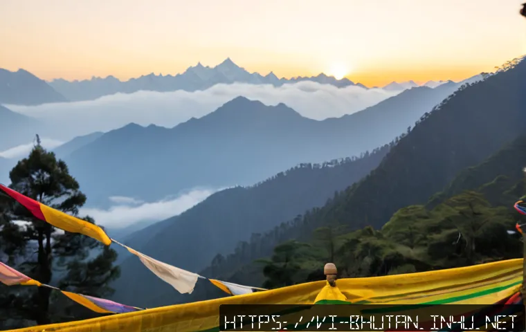 Home 17 부탄의 전통 기도 깃발 의미 - Photorealistic Bhutanese mountain valley at sunrise, a traditional wooden prayer flag pole with five...